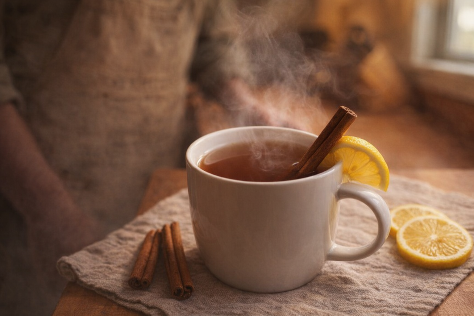 A steaming mug of cinnamon tea, garnished with a cinnamon stick and a lemon wedge, warm lighting, cozy setting